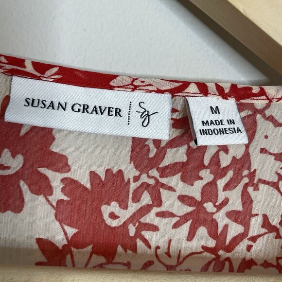 Susan Graver Women’s Size M Sheer Red White Floral Tie Neck Blouse Tunic L/S - Picture 3 of 6